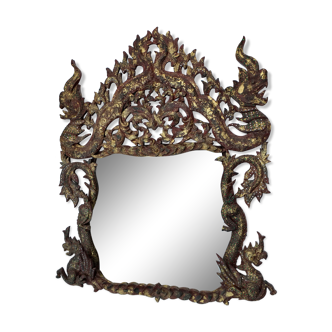 Miroir sculpté en bois indonésien avec des dragons