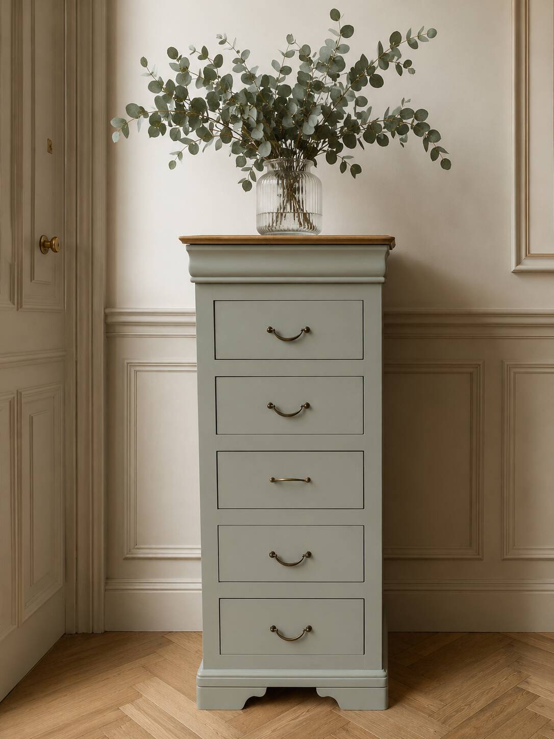 Louis-Philippe style chiffonnier in grey-green, wooden top.