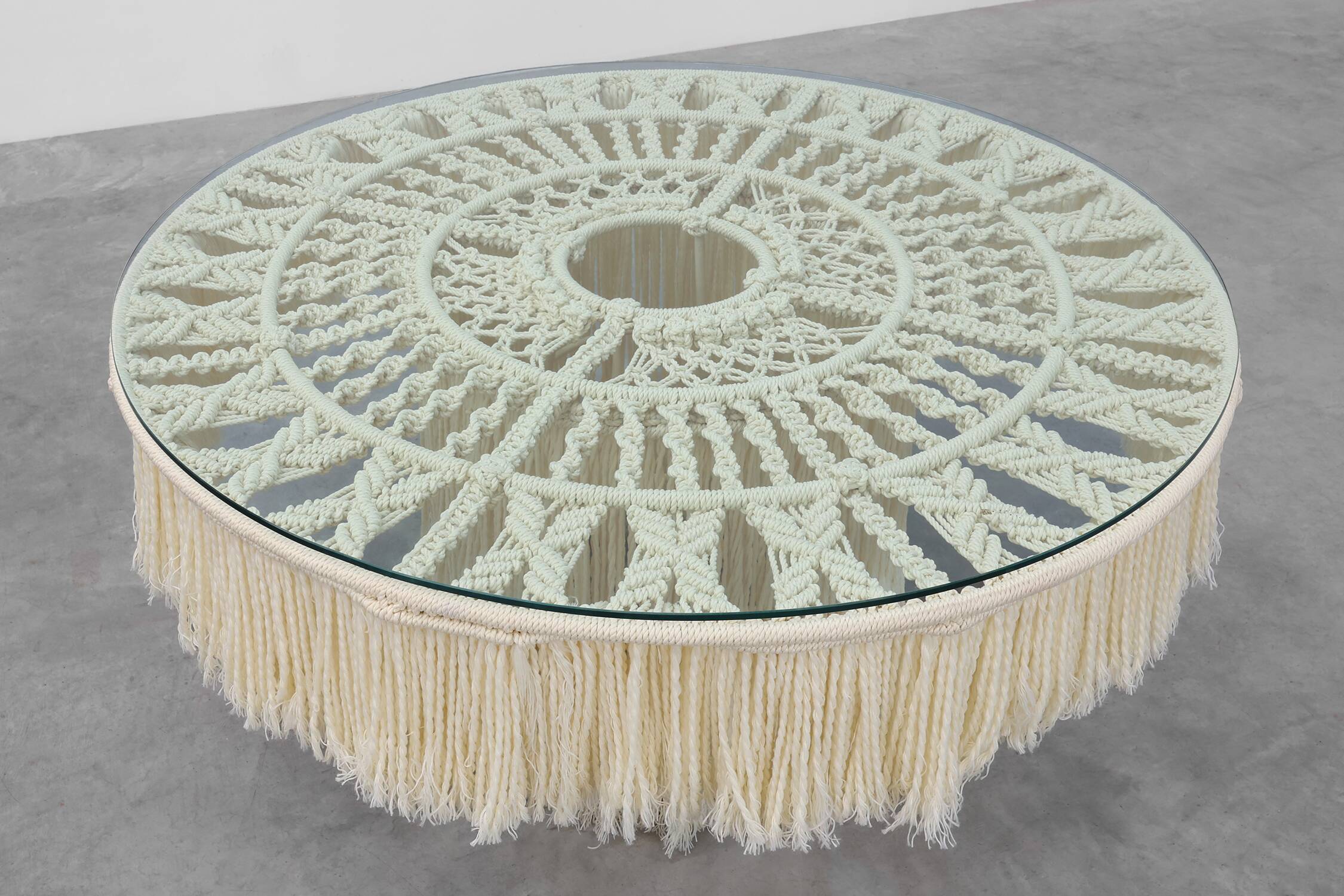 Monumental dining table with glass top and macramé, Italy