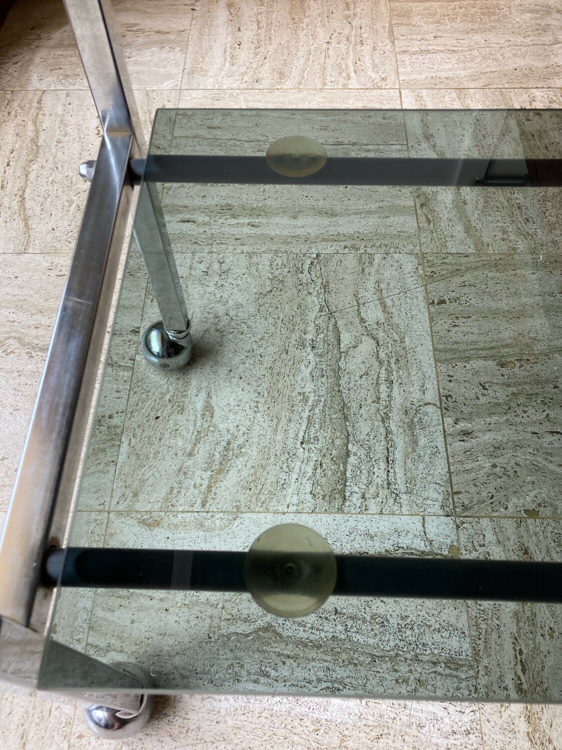 Vintage chrome dessert table, 2 smoked glass trays.