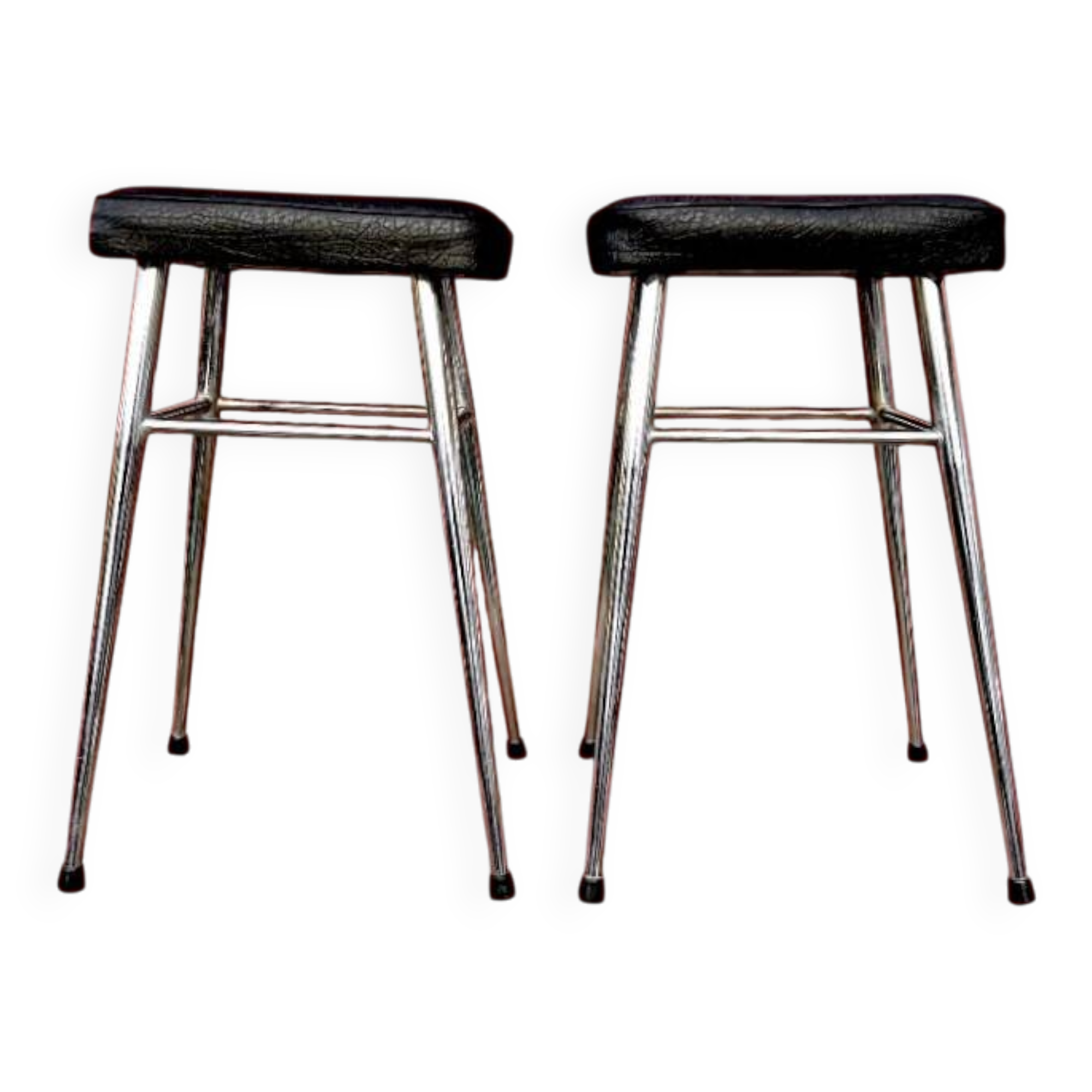 Pair of vintage stools in black faux leather and chrome steel – 1960s-1970s