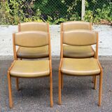 4 Baumann Scandinavian chairs, solid wood and beige leather, 1960