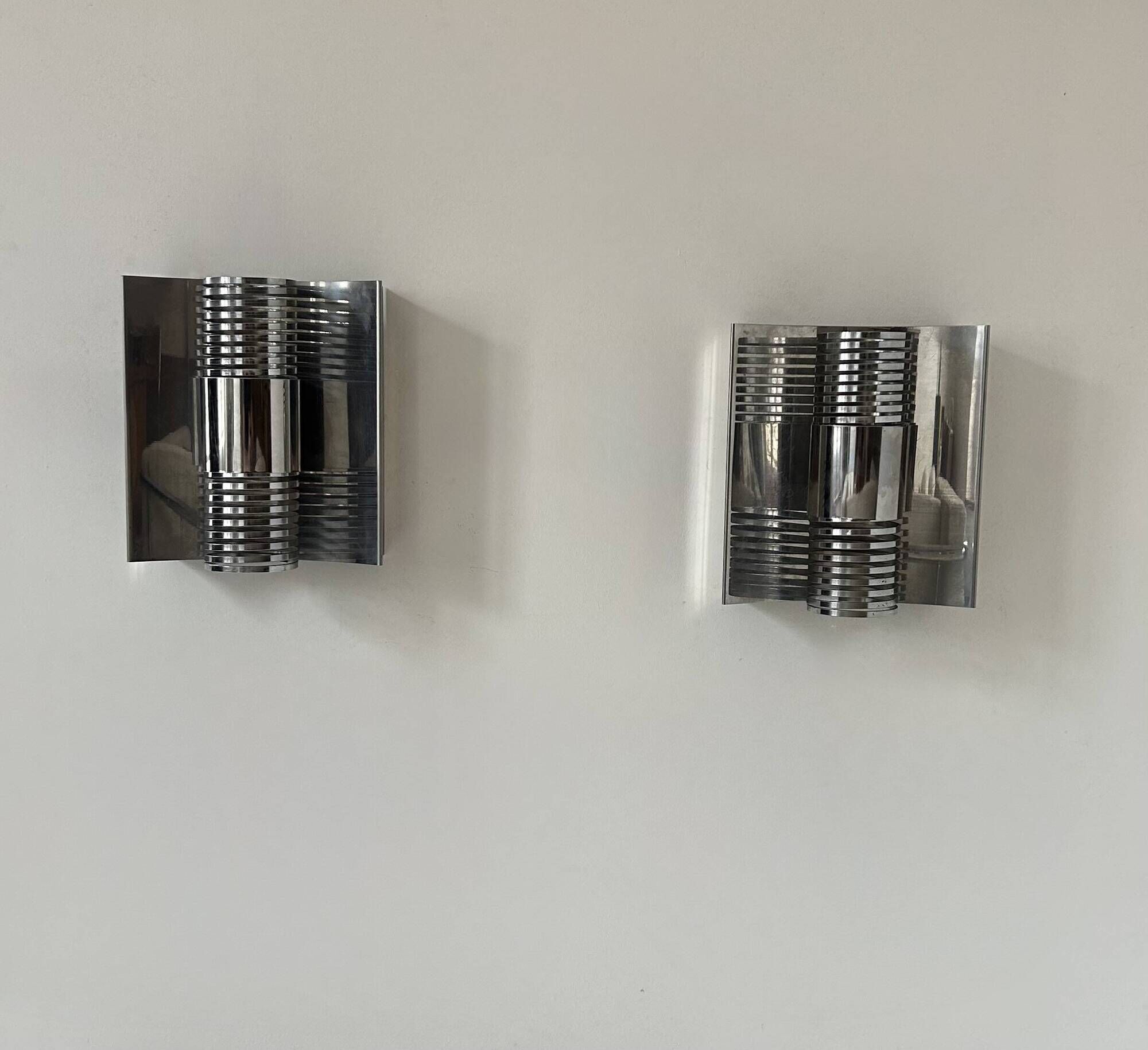 Pair of vintage chrome metal wall lights, France 1970