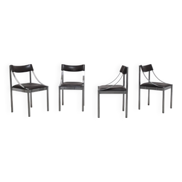 Set of 4 Italian chrome & leather dining chairs, 1970s