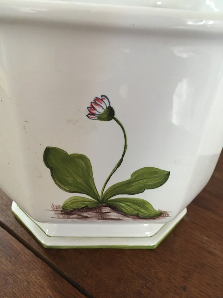 Cover - white ceramic pot decorated with stylized flowers.