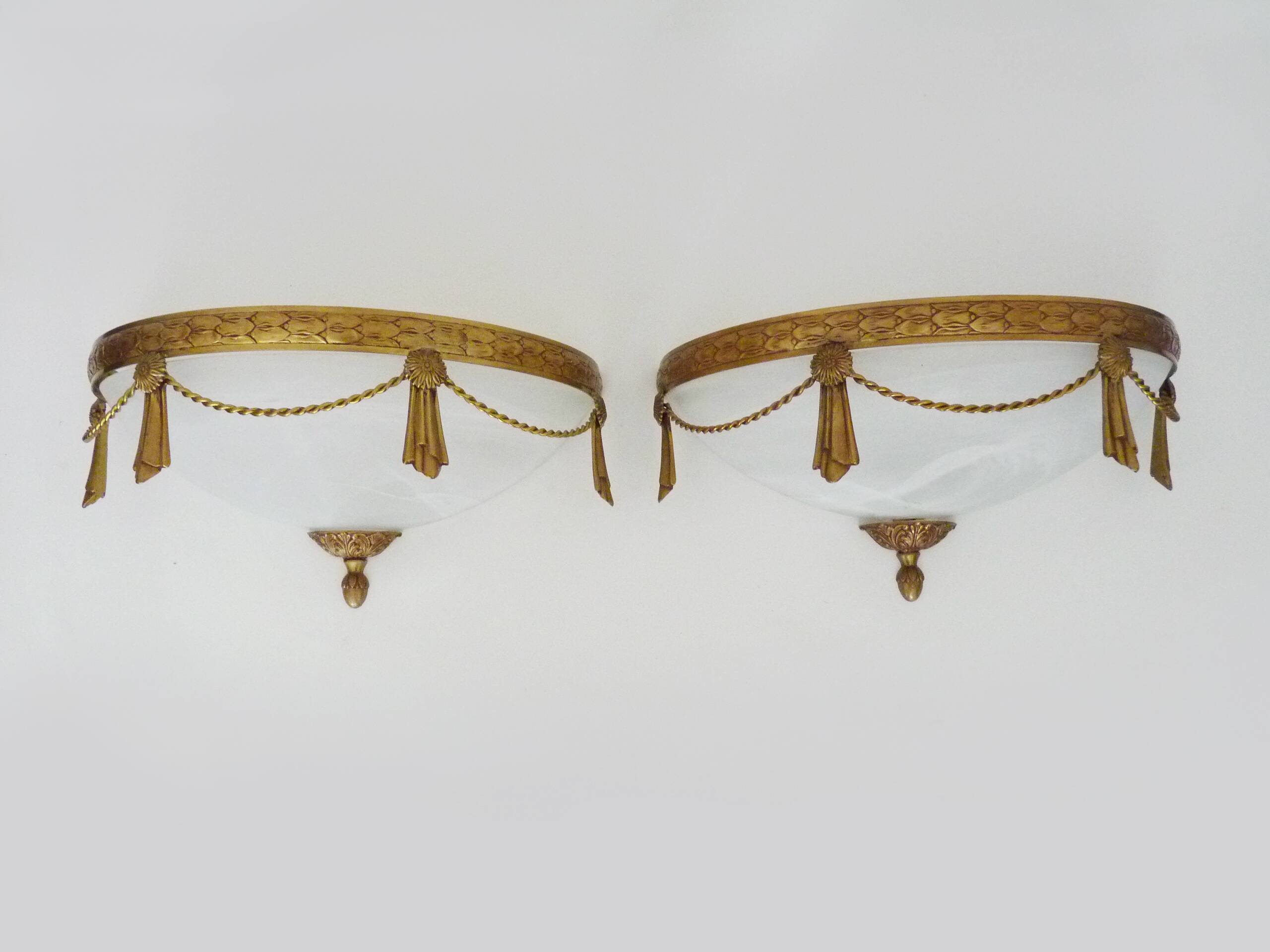 Large pair of half-moon wall lights in brass and glass maison zonca