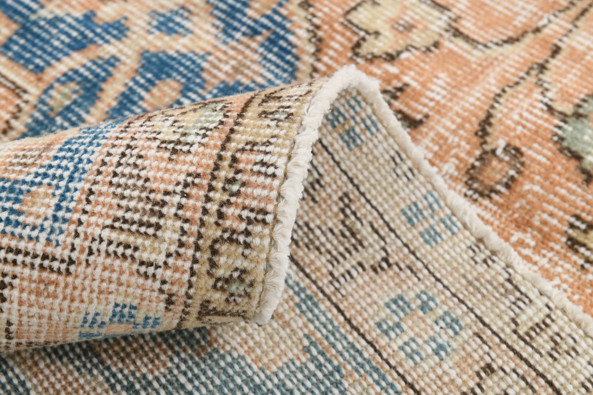 Soft Peach & Blue Oushak Vintage Rug, Made in Anatolian, 220x304 Cm