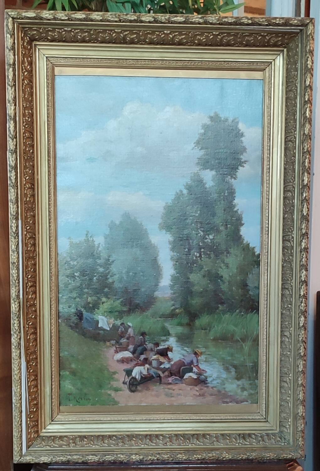 Old Canvas Oil Painting/Scene Of Life/The Washerwomen/Signed M.Merlin