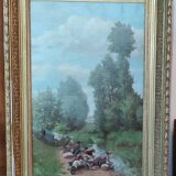 Old Canvas Oil Painting/Scene Of Life/The Washerwomen/Signed M.Merlin