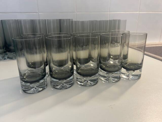 Set of black smoked glasses with large bubbles from the 1970s.