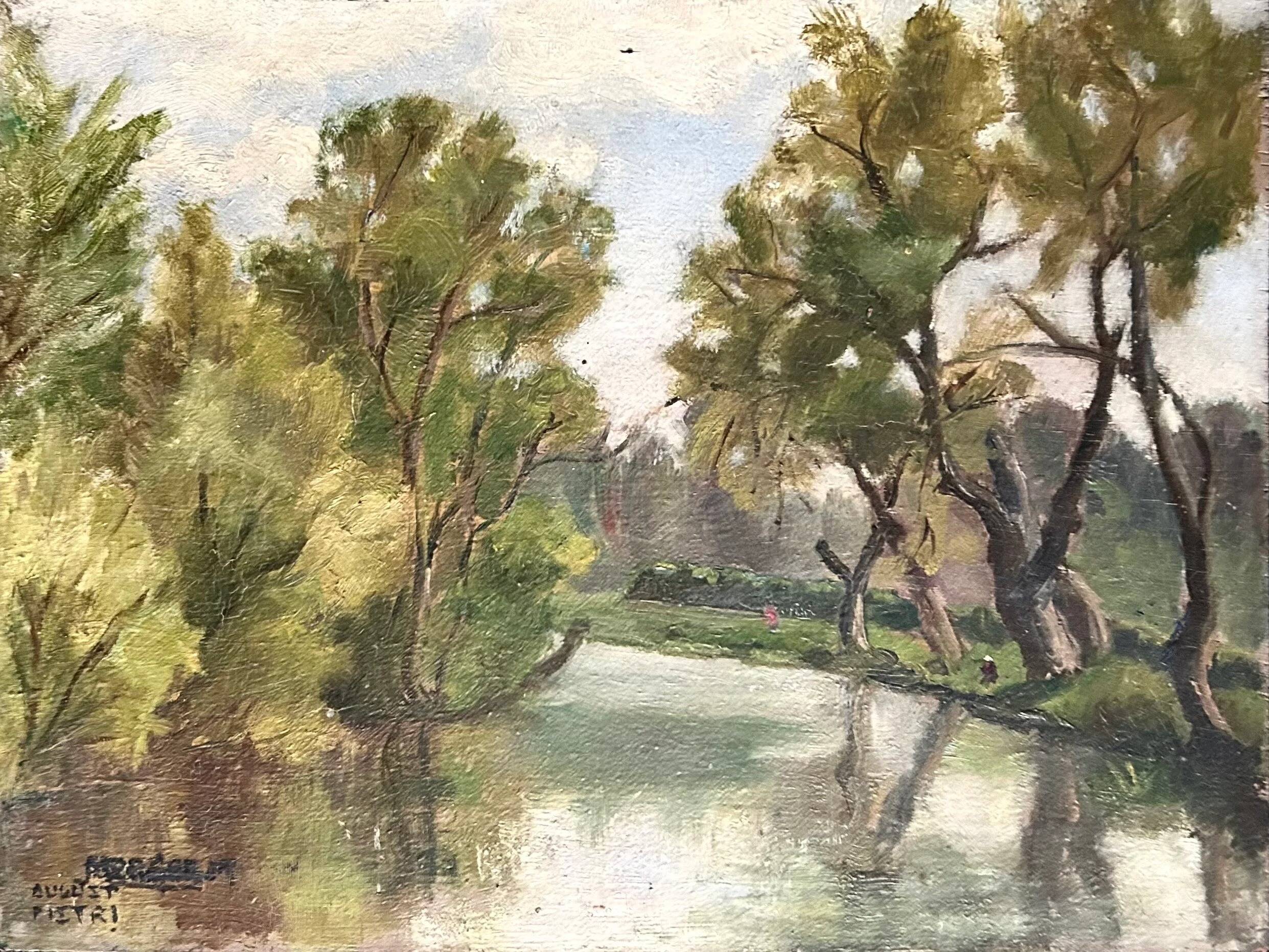 Vintage Landscape Oil Painting with Trees and Lake