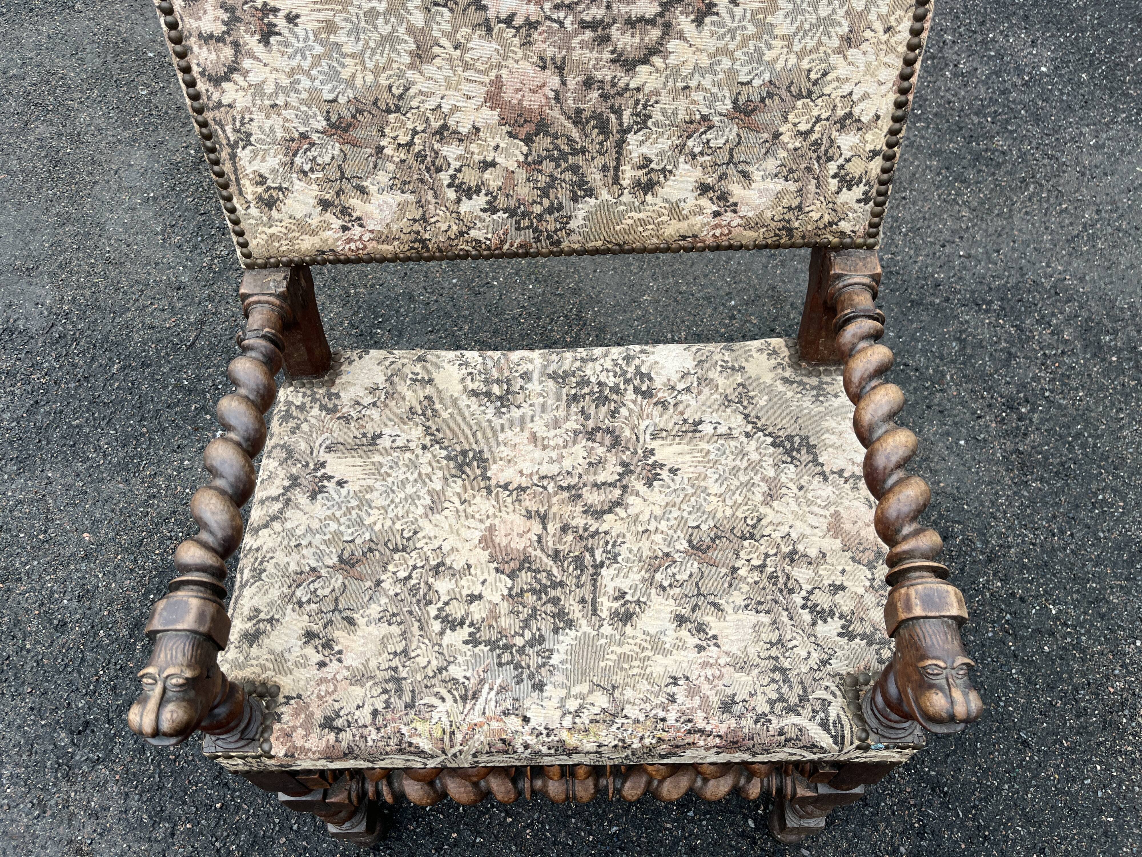 Louis XIII style armchair with twisted backrest and legs.