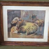 Animal painting, sheepfold, sheep and lamb.