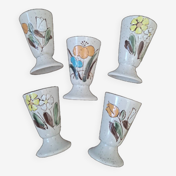 Set of 5 enamelled stoneware mazagrans with floral motifs