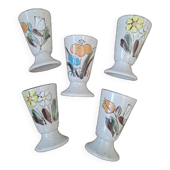 Set of 5 enamelled stoneware mazagrans with floral motifs
