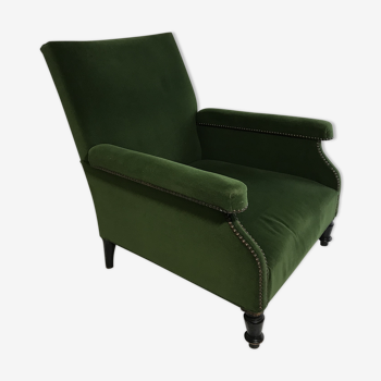 Fauteuil bergère velours vert Napoléon III crapaud