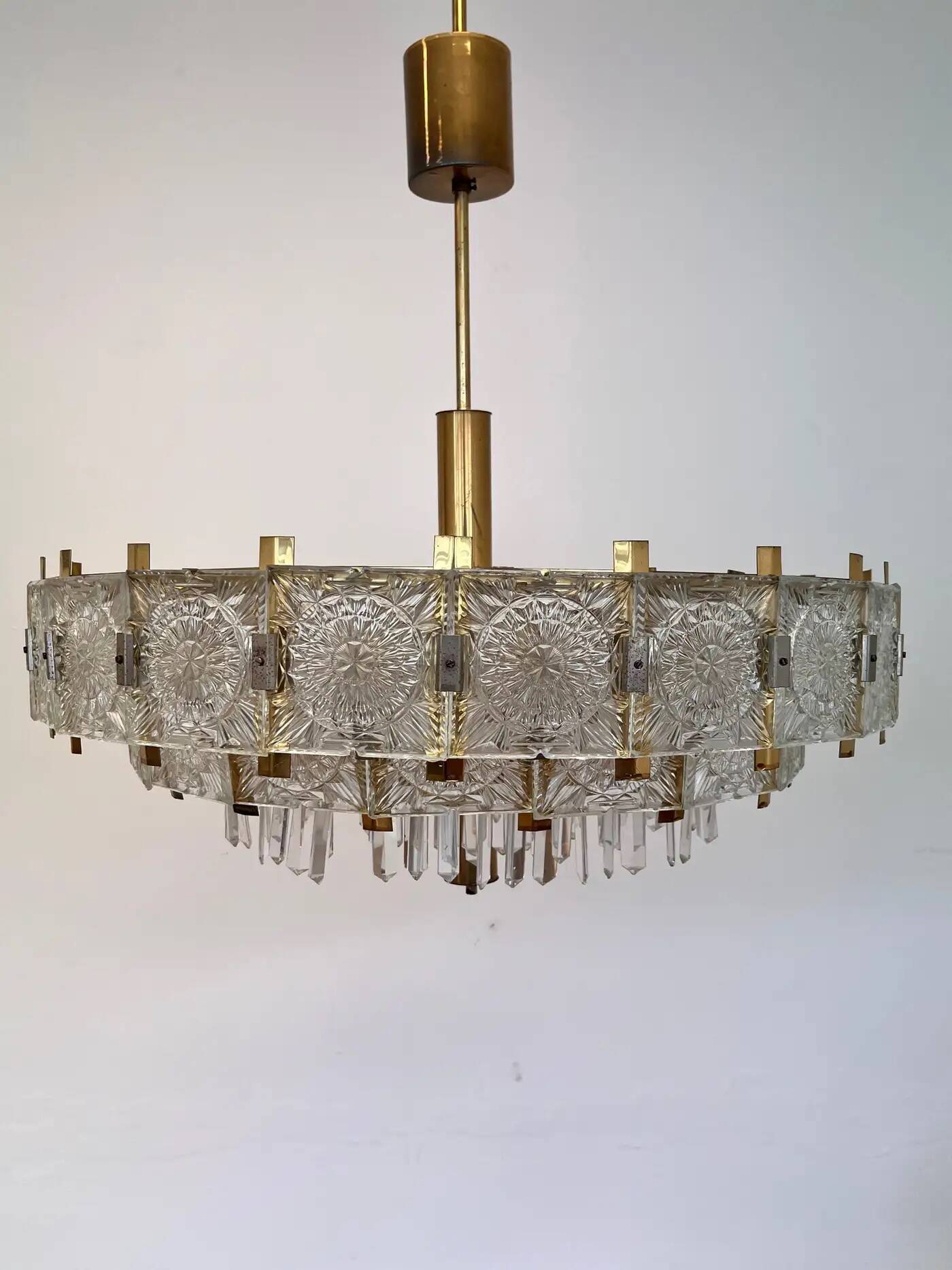 Pair of two XXL large brass and glass chandeliers by Kamenicky Senov/Preciosa, 1970s