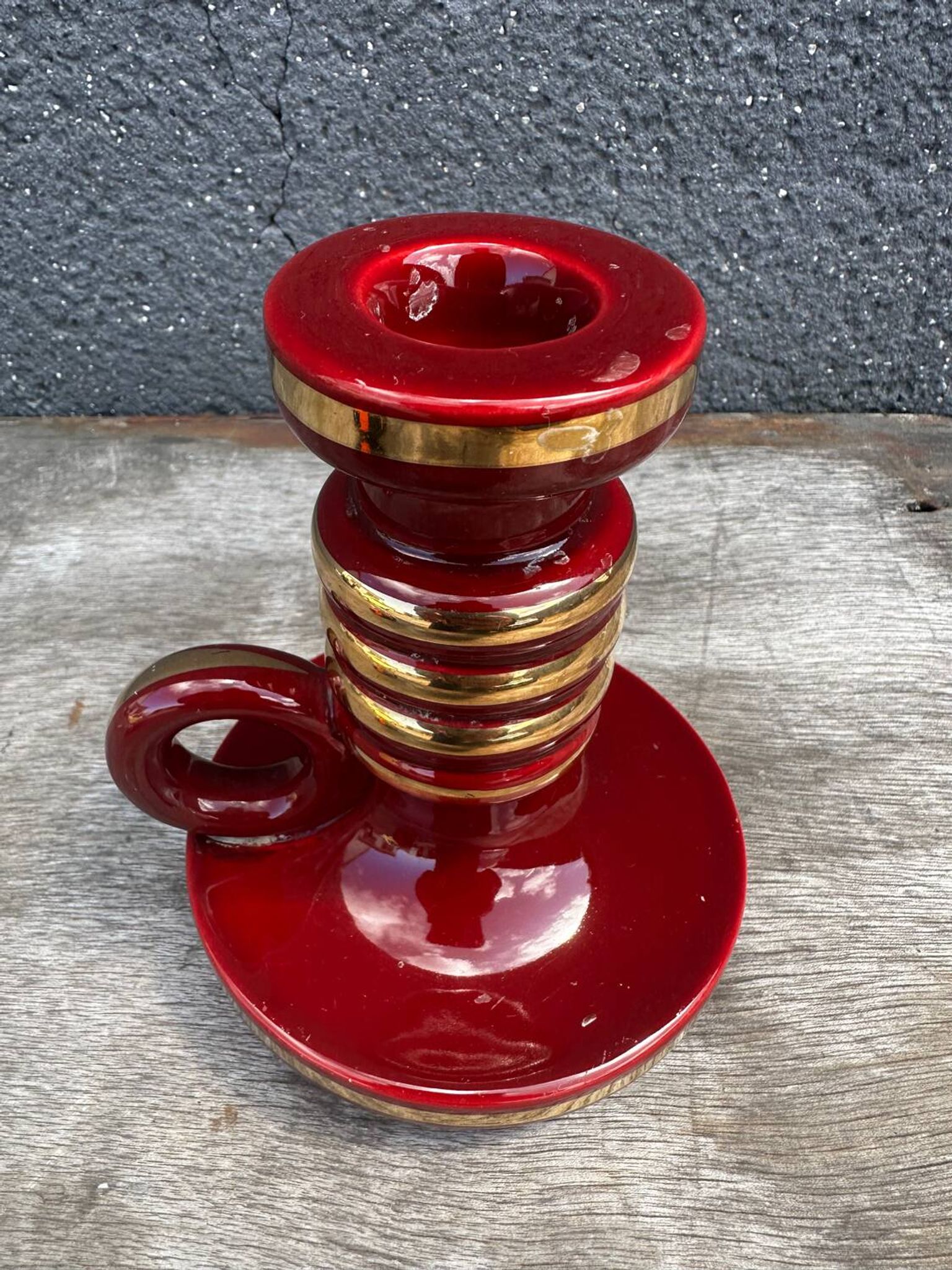 St-Clement Bordeaux Ceramic Candle Holder with Gold Trim - 50s