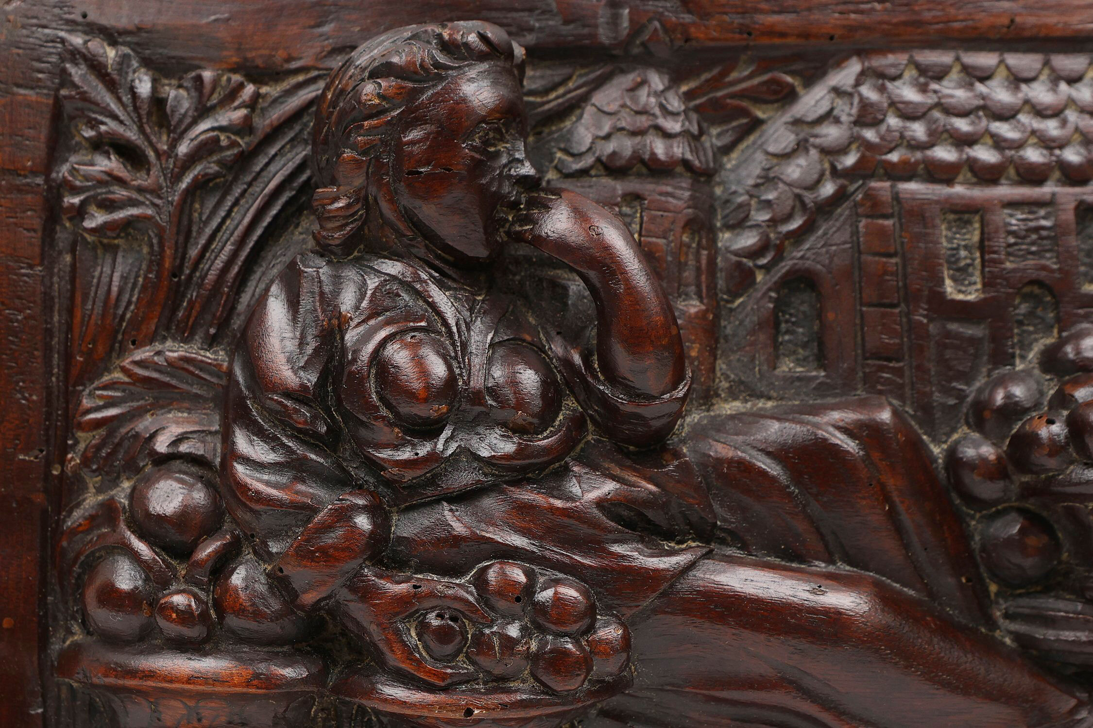 Gothic Hand Sculpted Panel in Oak, Belgium, 17th Century