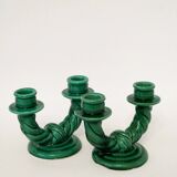 Pair of twisted green ceramic double candlesticks, 1960.