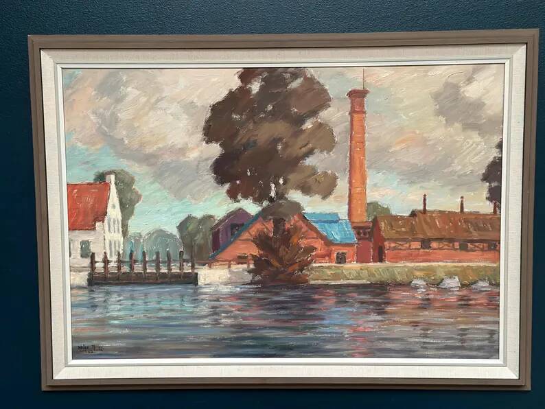 Original Swedish Oil on Panel - "Coastal Village" by Helge Andersson - Dated 1965 - Framed - 86 × 64 cm