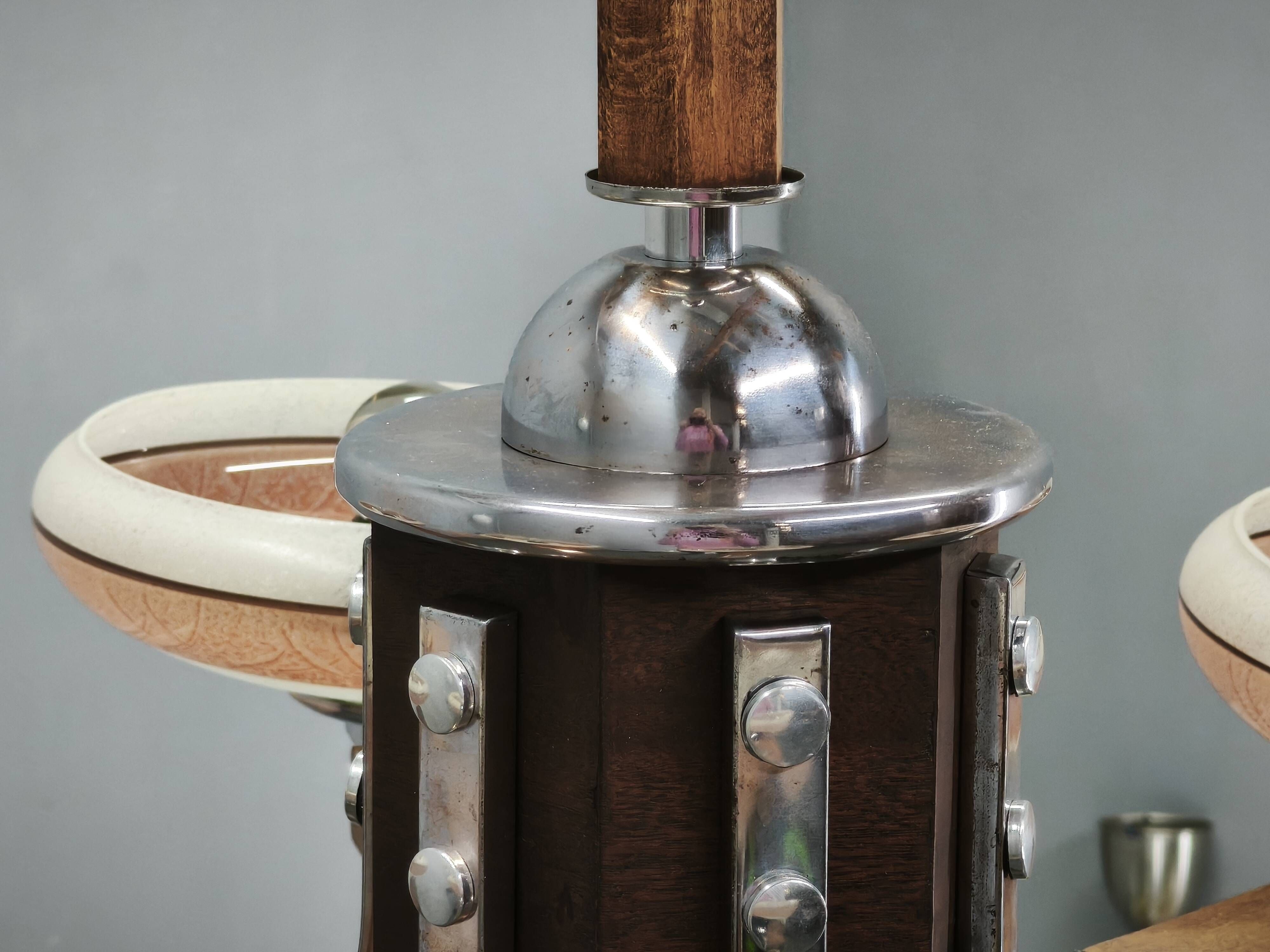 Large Art Deco Chrome, Wood and Glass Six-Light Chandelier, 1930s