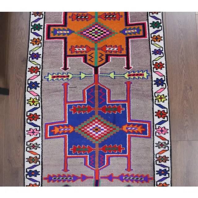 Vintage Turkish Hand-Knotted Wool Cotton Brown Runner 81x347