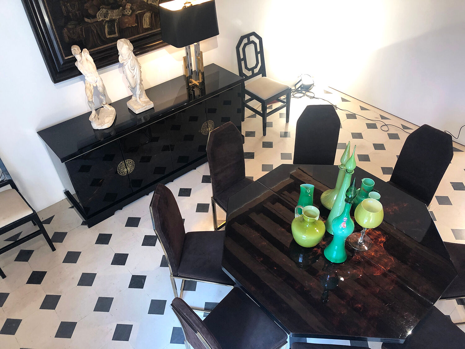 Black and gold lacquered buffet with Chinese handles, 1970