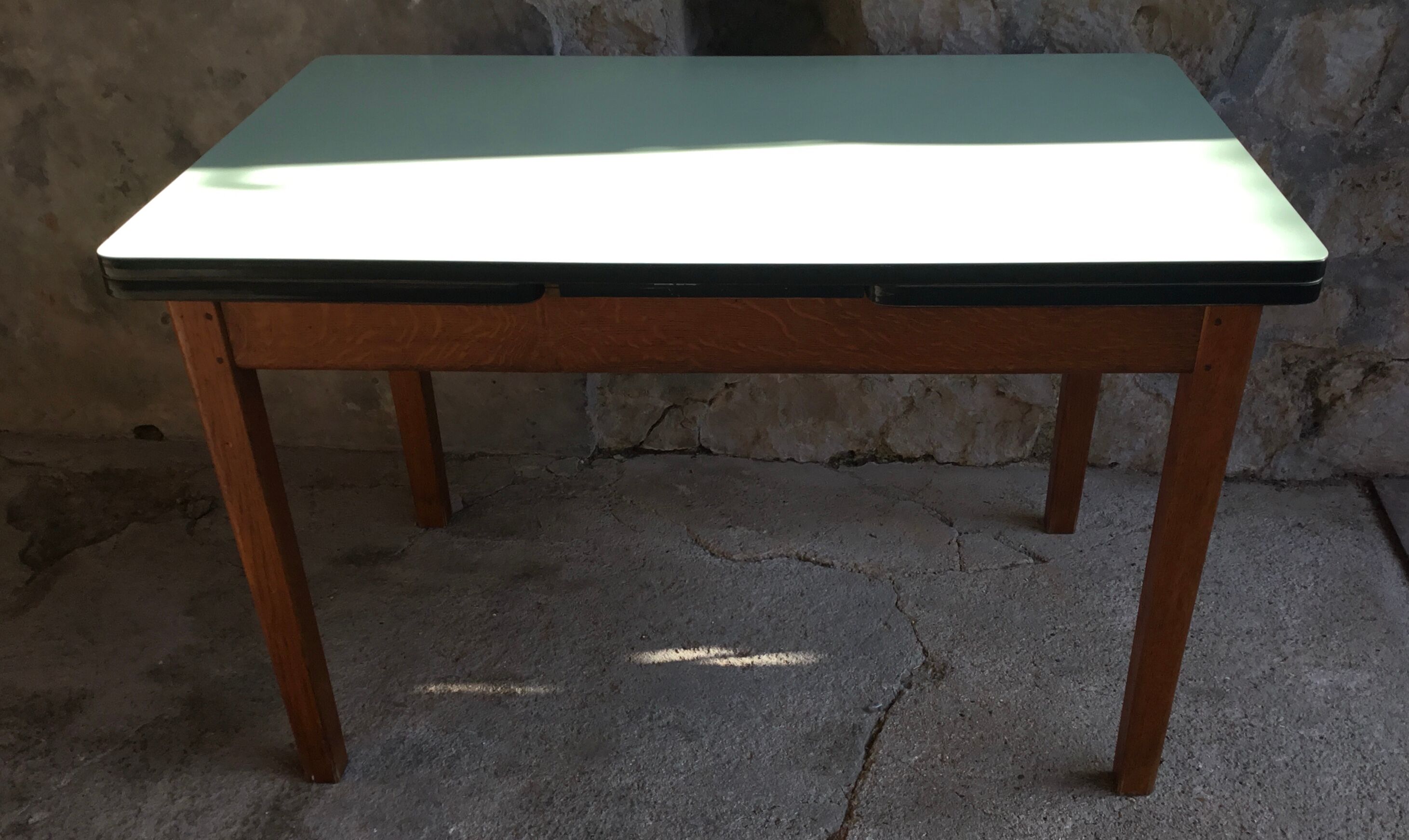 Vintage stretch table - oak footing - mint green formica tray - 1950