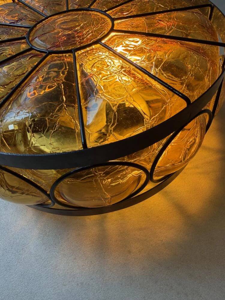 Vintage ceiling lamp amber crackle glass 1970s