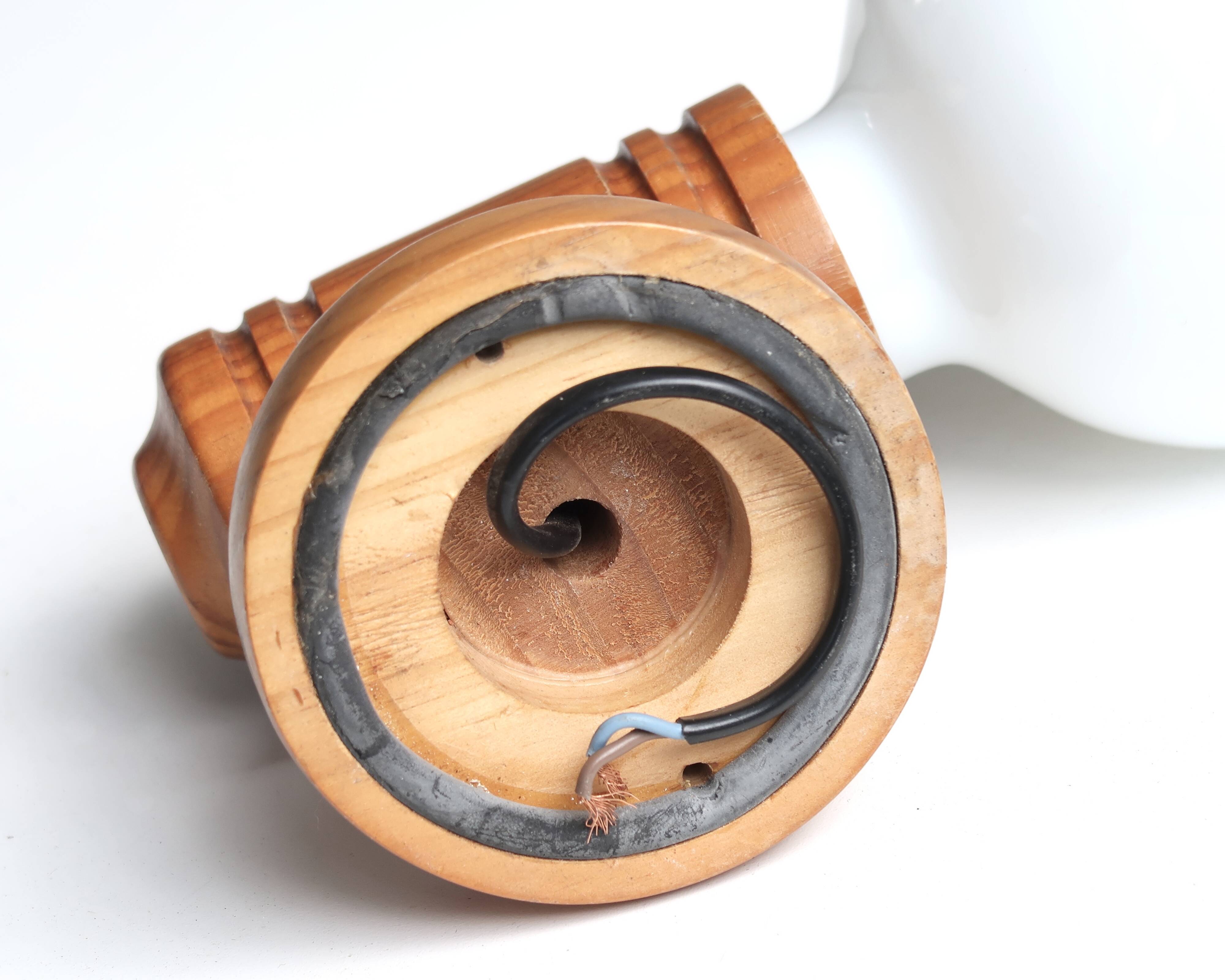 Wall lamp in pine wood and opaque white glass globe, 1970s