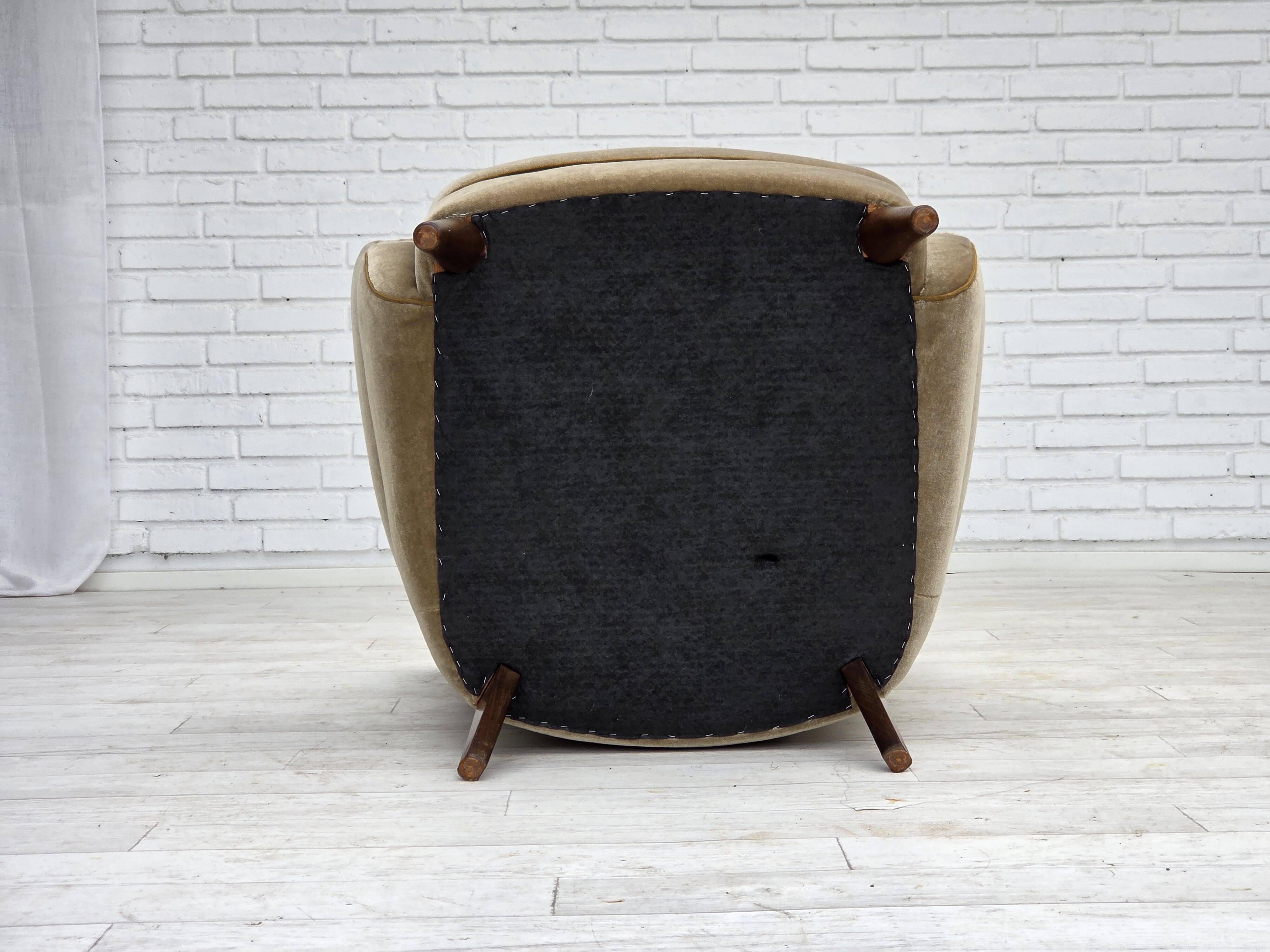 1970s, Danish armchair, green furniture velour, beech wood legs.