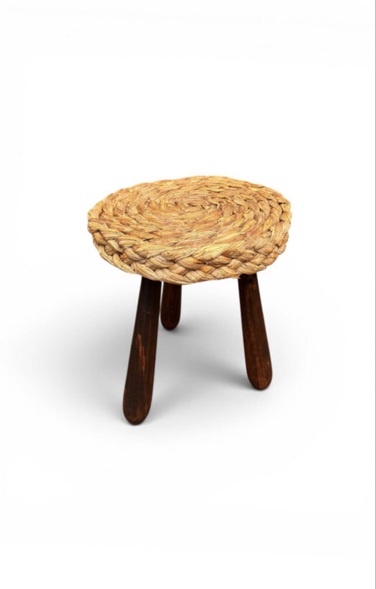 Tabouret tripode en chêne et paille Audoux et Minet 50’s