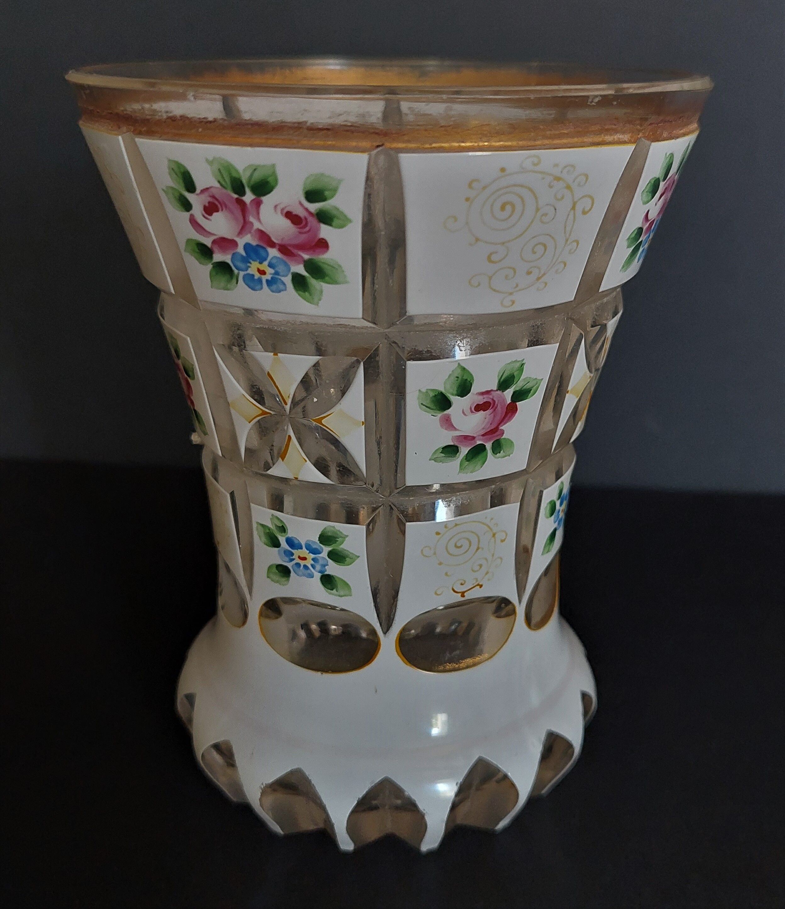 Vase with violets double cut glass nineteenth