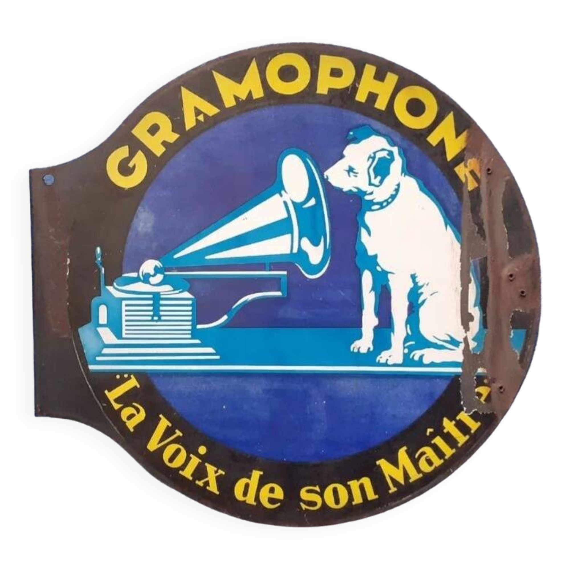 Old enamel plate gramophone the voice of his master radio marconi pathé