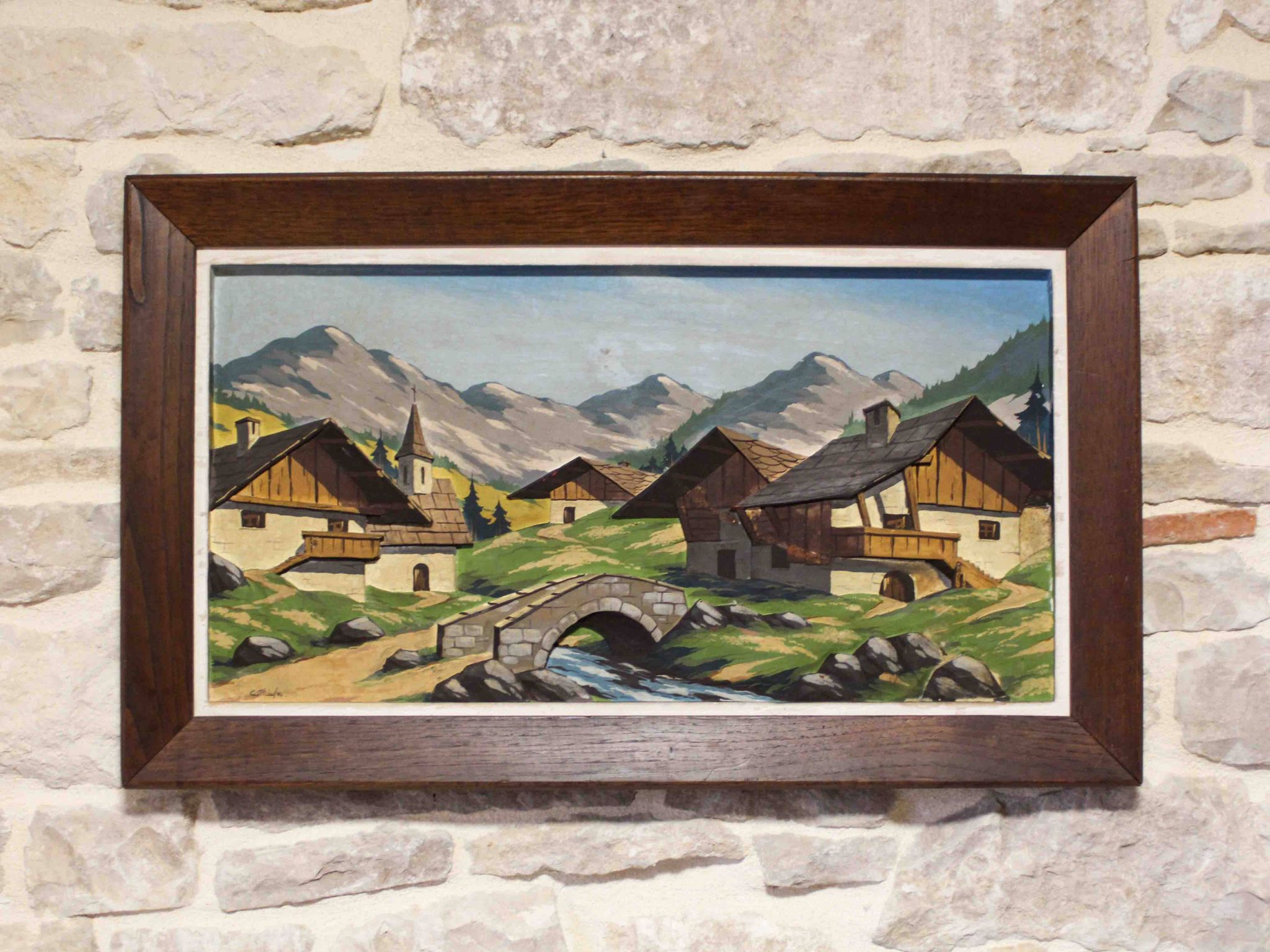Oil on carved panel in relief, Alpine chalet
