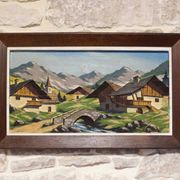 Oil on carved panel in relief, Alpine chalet