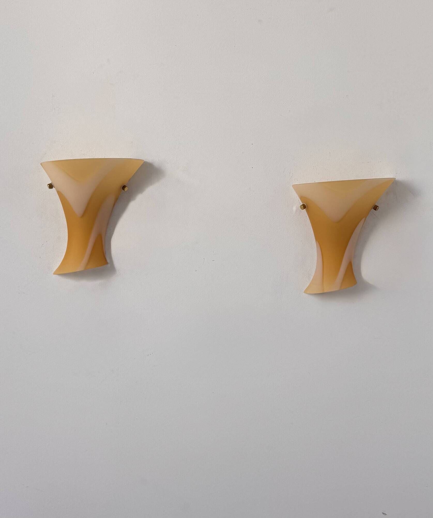 Pair of vintage wall lights with orange glass and brass, Italy 1980.