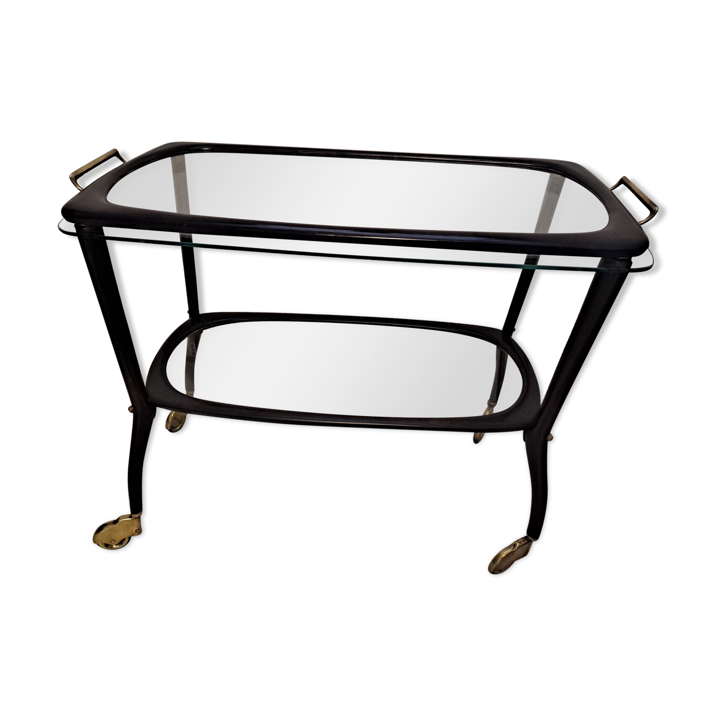 Midcentury mahogany italian bar cart with glass serving tray, 1950s
