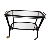 Midcentury mahogany italian bar cart with glass serving tray, 1950s