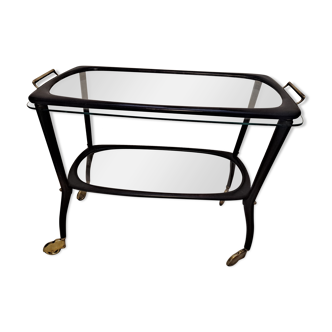 Midcentury mahogany italian bar cart with glass serving tray, 1950s