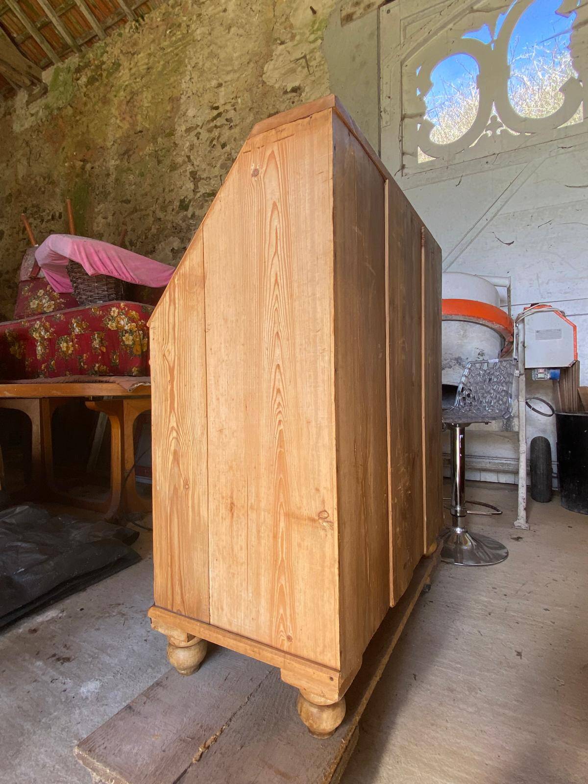 Antique English scriban secretary desk in solid pine.