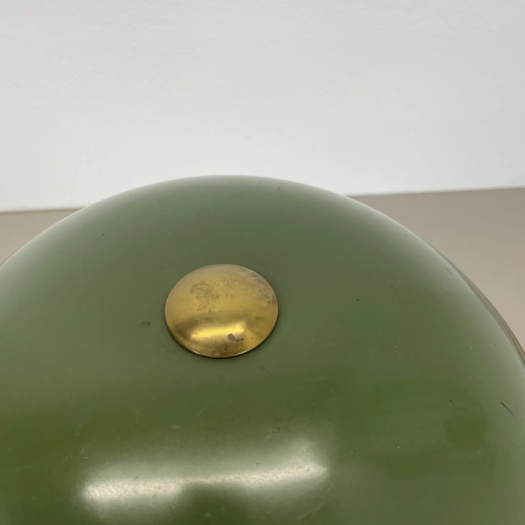 German green bauhaus table lamp in brass and metal by helo lights, germany, 1950s