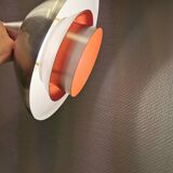 Danish hanging lamp in silver-coloured aluminium with contrasting orange lacquer inside.