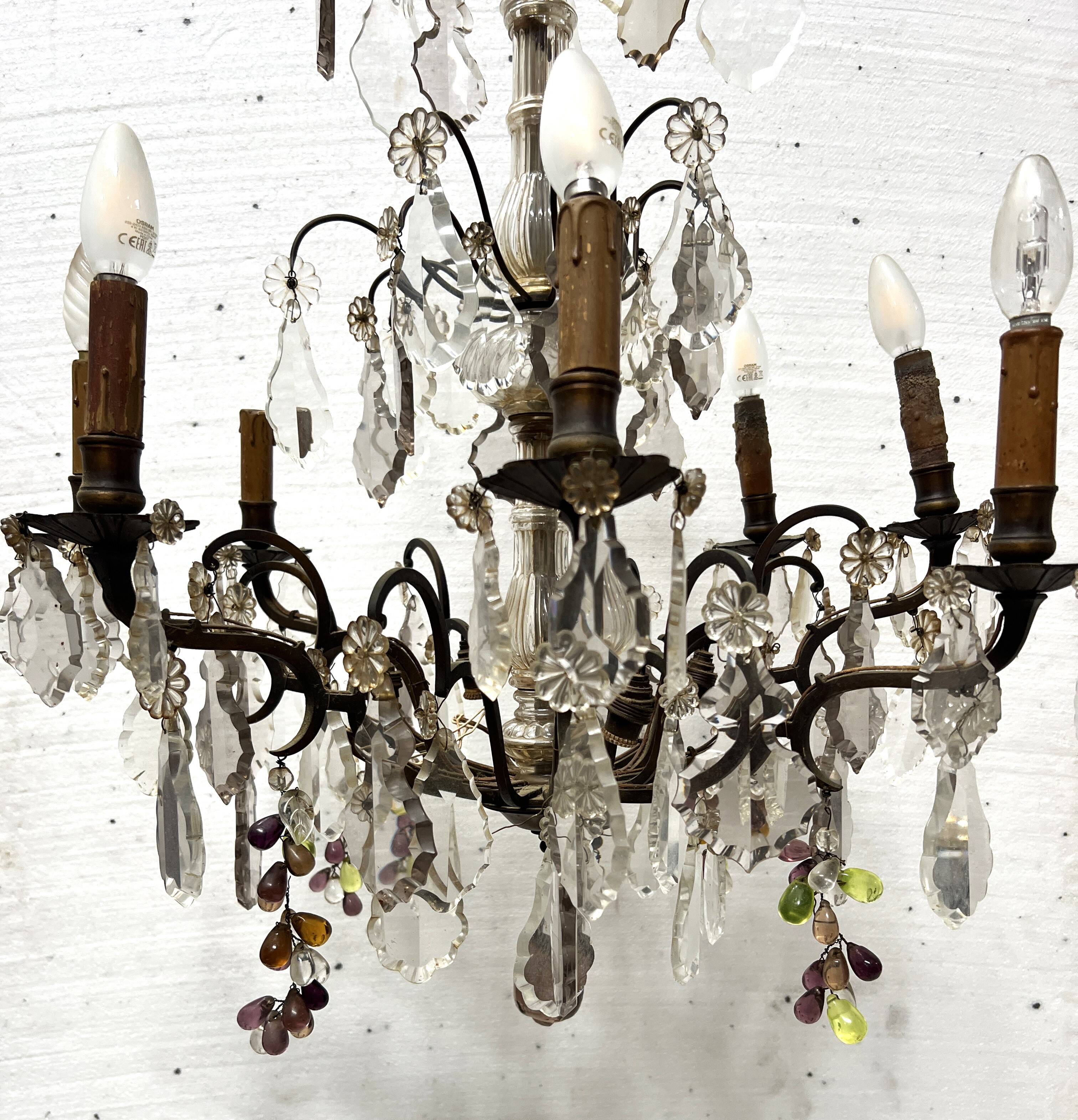Louis XV style chandelier with pendants and colored glass fruits, 20th century