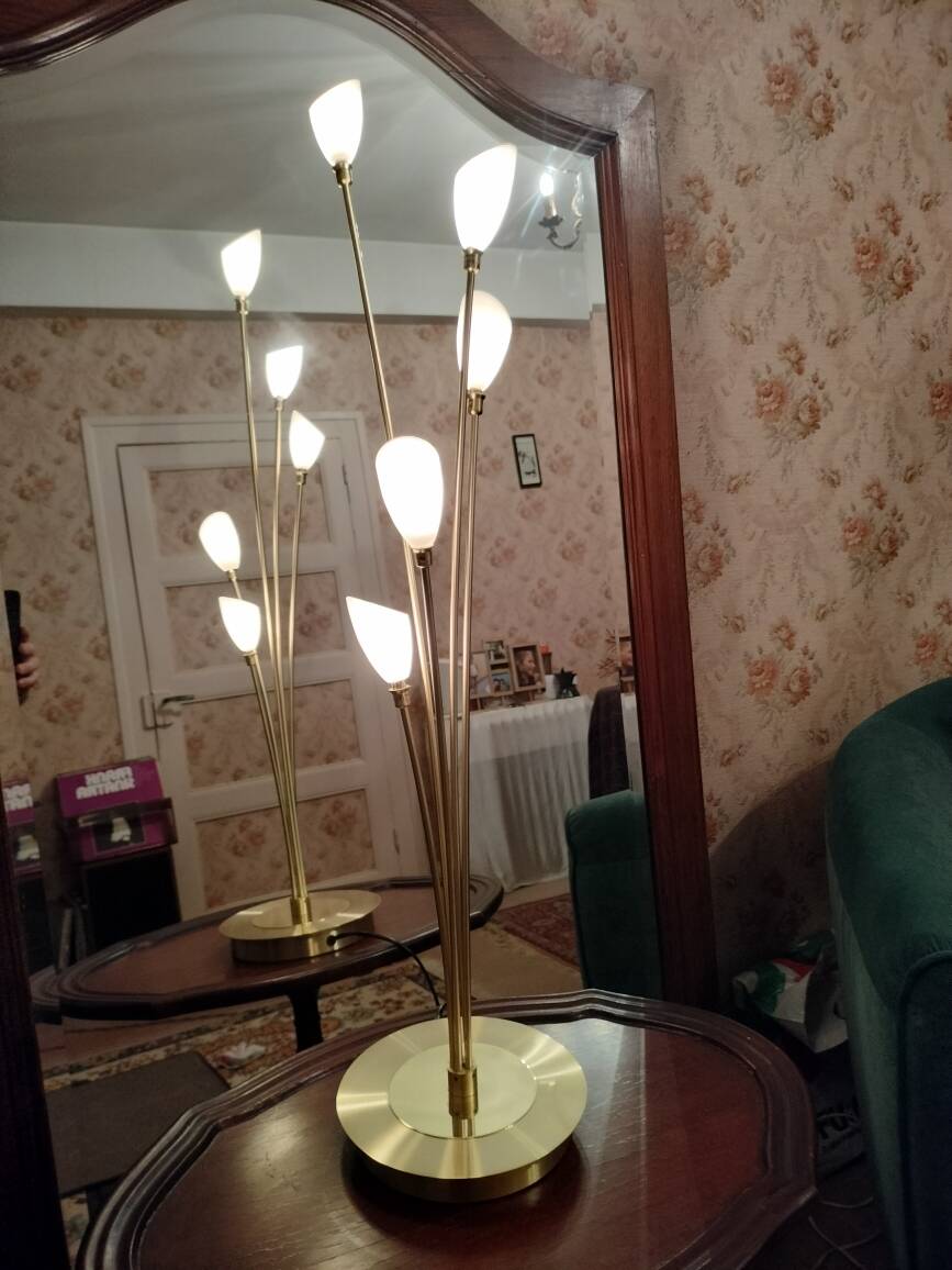 Vintage lamp with 5 branches in gilded brass and opaline – Stilnovo spirit / But