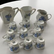 Coffee service in white porcelain pattern pink blue art deco