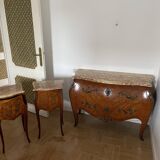 Set of Louis XV style chest of drawers and 2 bedside tables in solid cherry wood with marble tops