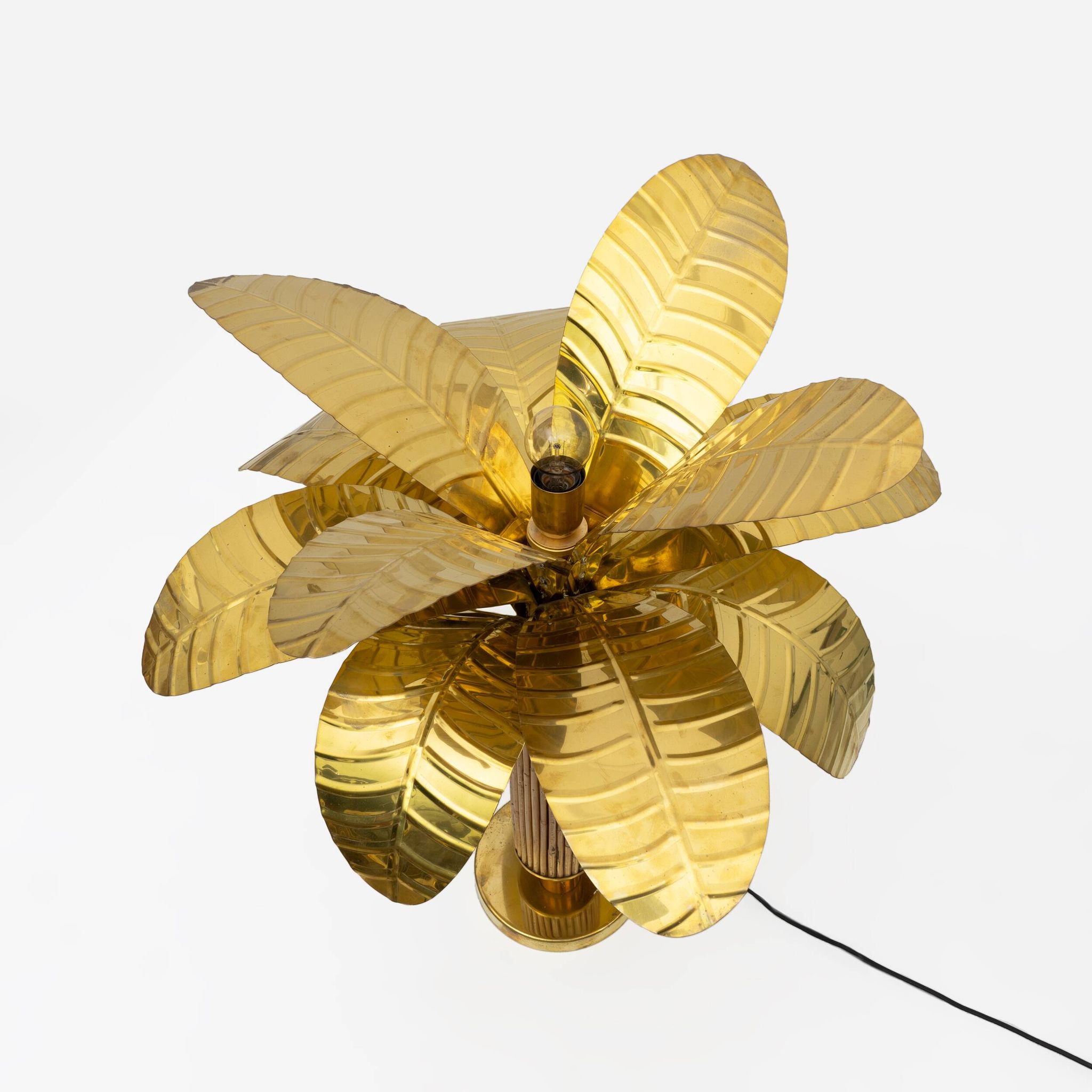 Pair of Mid-century Modern Italian Brass and Rattan Palm Tree Lamps, 1970s