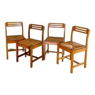 Set de 4 chaises bois et assise en paille, 1960